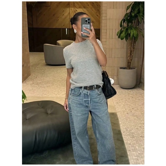 Grey Knit Sweater Top Round Neck Short Sleeve - Picture 2 of 11